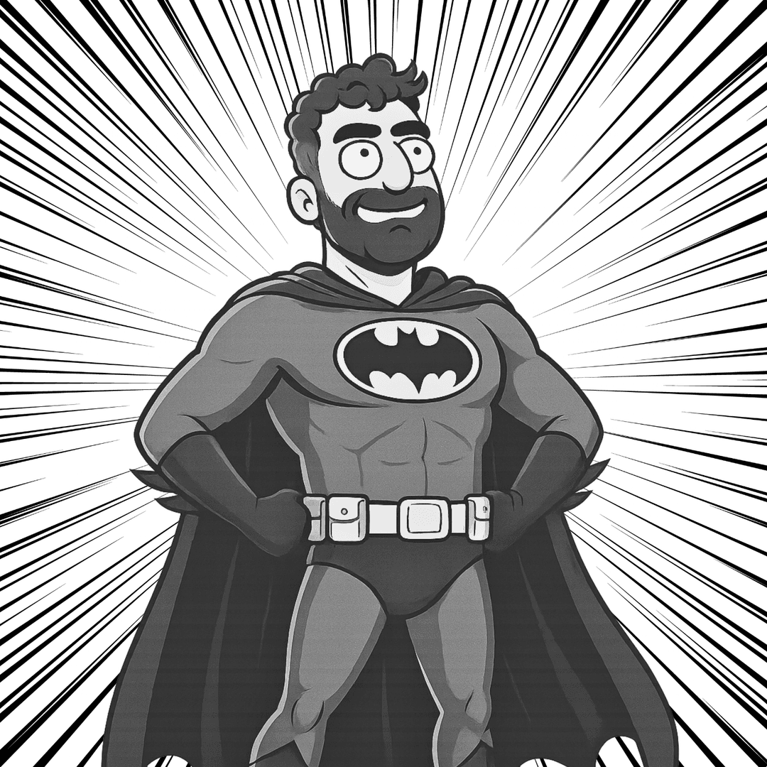 Fortunato De Angelis as a dark fullstack developer superhero comic character